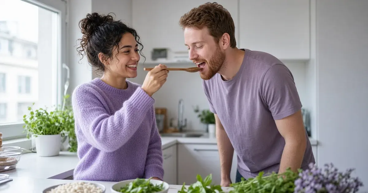 A young couple in their twenties cook dinner together in a small bright kitchen, the woman in a violet sweater handing the man a spoon to taste.