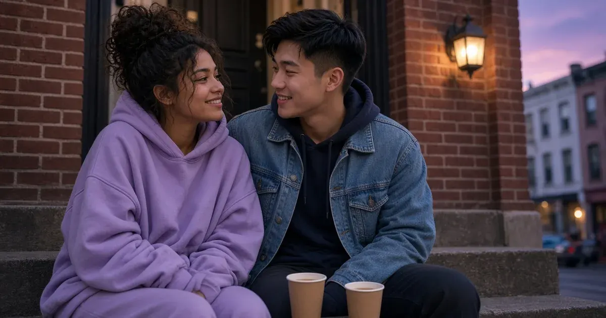 Making up on brick front steps at dusk, a young woman in a lavender hoodie nudges her boyfriend's shoulder as he starts to laugh