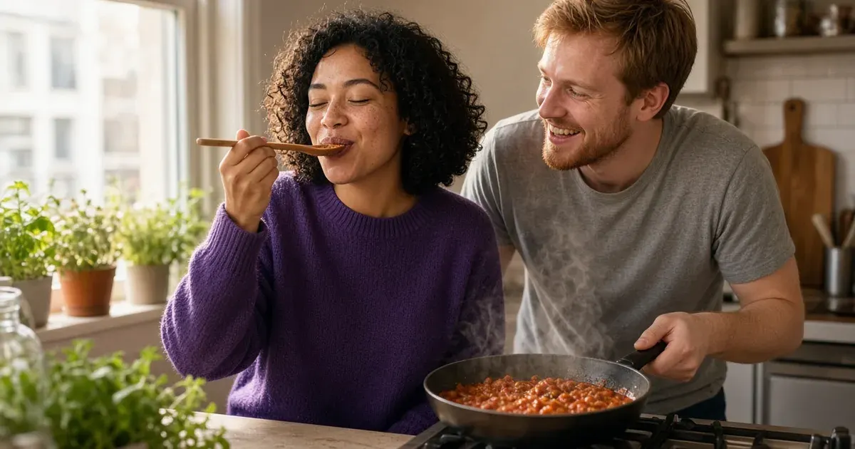 A young couple in their mid-twenties cooks together in a small apartment kitchen, one tasting from a wooden spoon