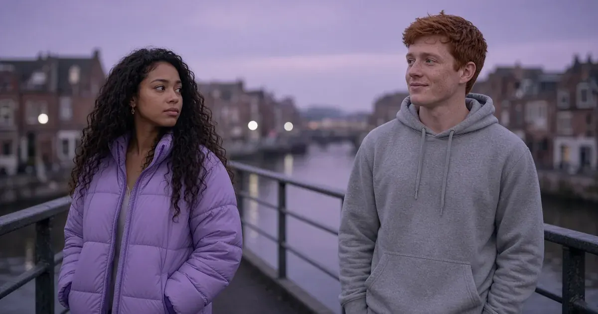 On a canal railing at dusk, a woman in a lilac puffer, hands in her pockets, glances at a freckled red-haired man in a grey hoodie who smiles off into the distance.