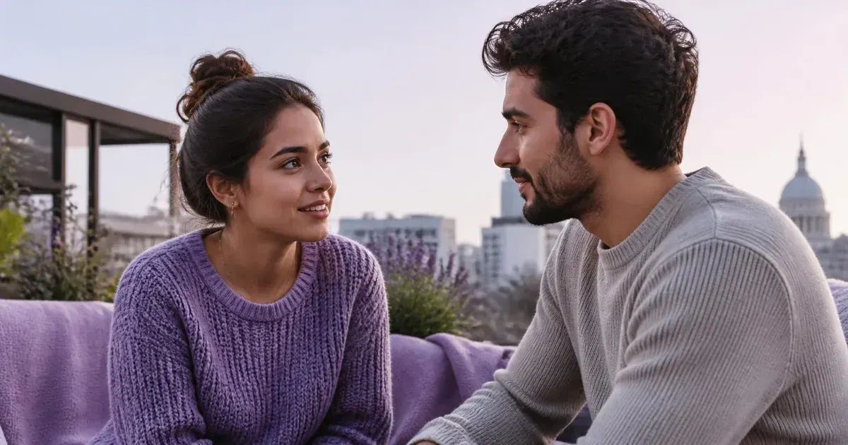 A young woman in a violet sweater and a young man share a quiet, uncertain smile on a rooftop at golden hour.