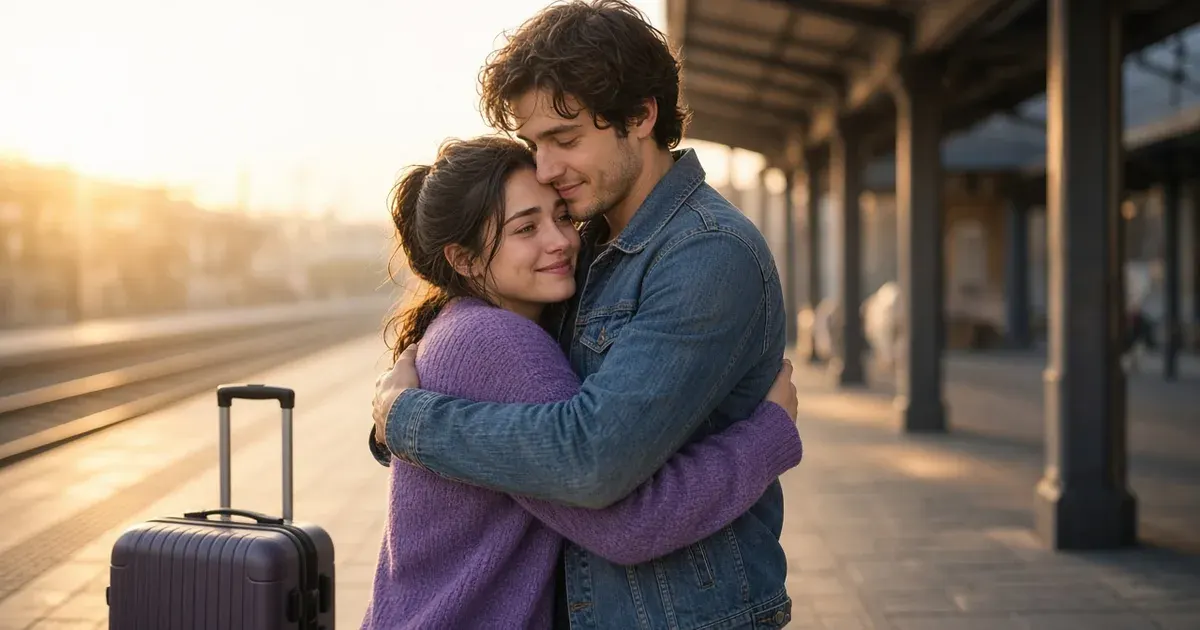 A young couple in their twenties hug goodbye on a train platform, the woman in a purple sweater smiling through tears.