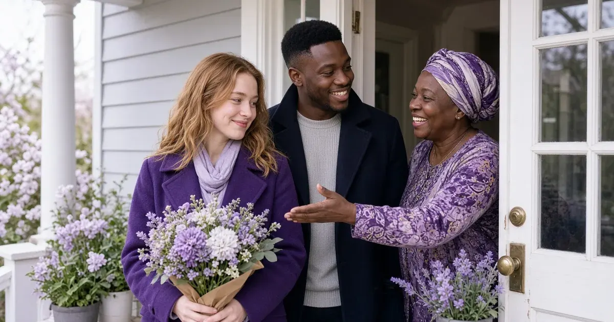 A young woman in a violet coat holds flowers and smiles nervously as her partner's mother greets them warmly at the front door.