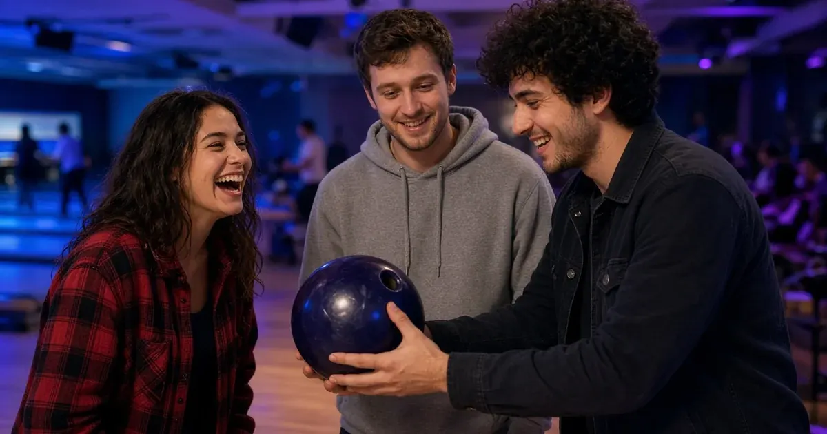 At a busy bowling alley, a young woman in a red flannel shirt laughs as her boyfriend's friend passes her a ball.