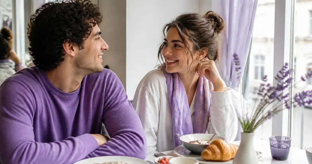 A couple in their mid-twenties smiling at each other over brunch at a bright café window table.