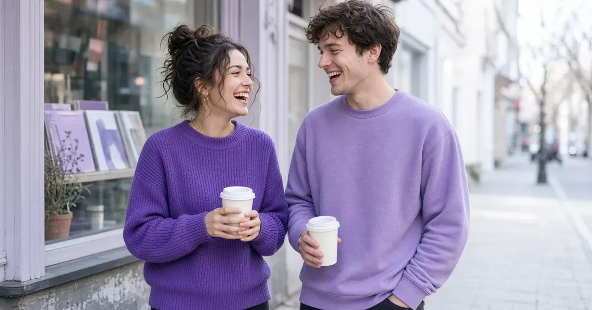 A young woman and man in their twenties laughing together outside a bright record shop, she in a violet sweater.