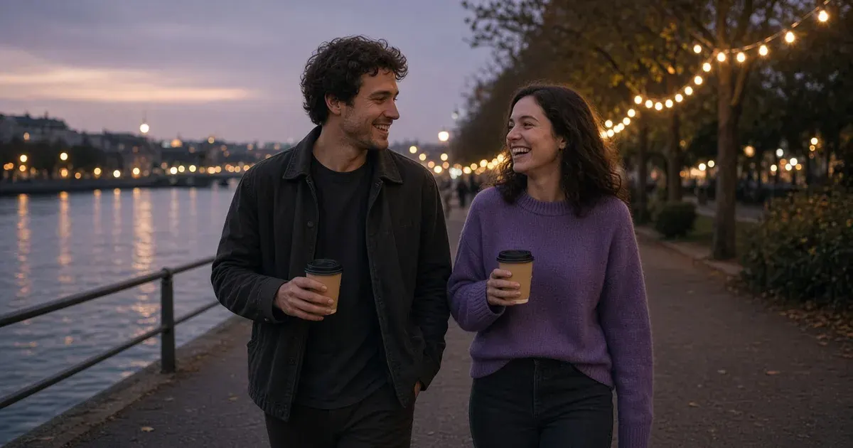 A young man and woman in their mid-twenties sharing a relaxed laugh on an evening walk, she in a violet sweater.